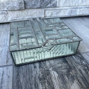 Vintage Etched  Sides Xl Beveled Stained Glass  Trinket Box Leaded Mirror Bottom